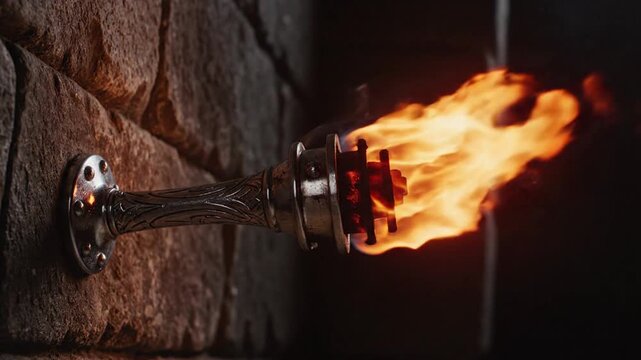 Wall mounted torch, flame lighting, decorative fire, metal holder, stone wall