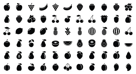 Fototapeta premium Collection Of Black Silhouette Fruit Icons On A White Background