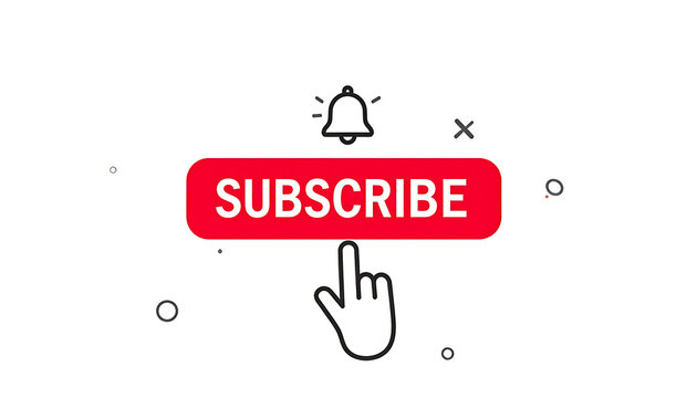 Hand clicking a red subscribe button with notification bell icon, social media call to action, digital marketing element