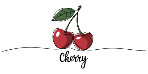 continuous single line art Hand drawn illustration of a fresh red cherry with green leaf © Chtro