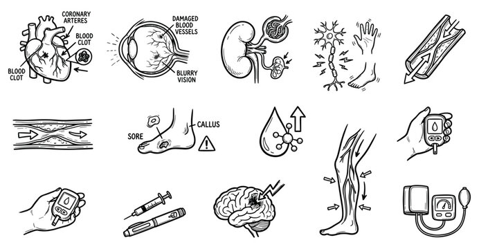 Diabetes complications doodle set illustrating health issues