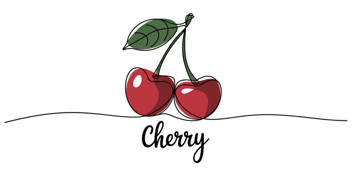 continuous single line art Hand drawn illustration of a fresh red cherry with green leaf