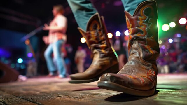 Closeup of cowboy boots on a wooden stage at a country music concert