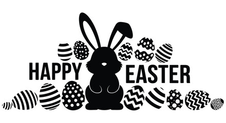 Black Silhouette Of Rabbit With Easter Eggs And Typography Transparent Background © Imdadul_Studio