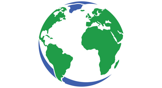 Green and blue earth globe illustration with white continents on a white background
