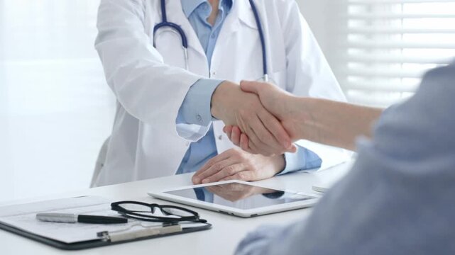 Doctor shaking hands with her patient in the office after a successful medical examination, healthcare and trust concept. Medicine and health care