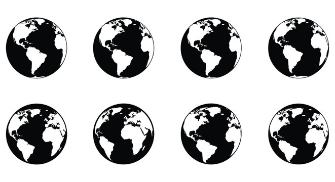 Earth globe silhouettes in a grid arrangement black and white graphic