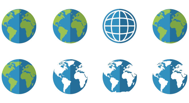 Globe Icons With Landmasses And Gridlines Flat Vector Illustration world
