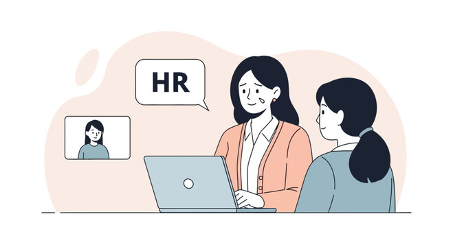 HR professional conducting remote interview with candidate via video conference, modern flat illustration style