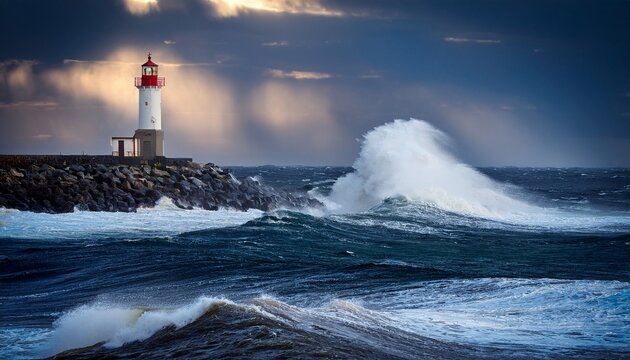 storm waves crashing against glowing lighthouse
