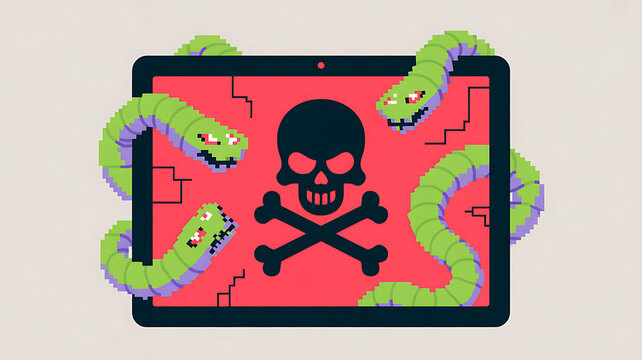 Illustration in flat design style. The app screen features a skull and crossbones, and virus-infected computer worms emerge from the tablet. A tablet infected with a virus.  