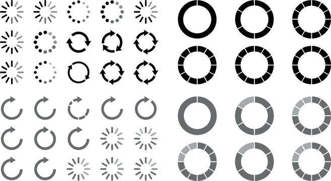 Modern collection of loading and progress indicator vector icons featuring spinners, circular arrows, and buffering symbols for digital interface design
