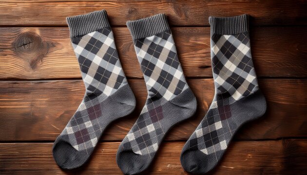 gray argyle pattern socks on rustic wooden background for cozy fashion decor