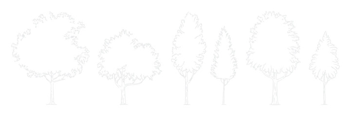 CAD tree outline, architectural linework trees, clean side view vegetation elements, landscape planning graphics, architectural design vector illustration. © AYAT 01