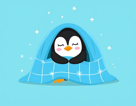 A cute cartoon penguin sleeps peacefully under a blue blanket