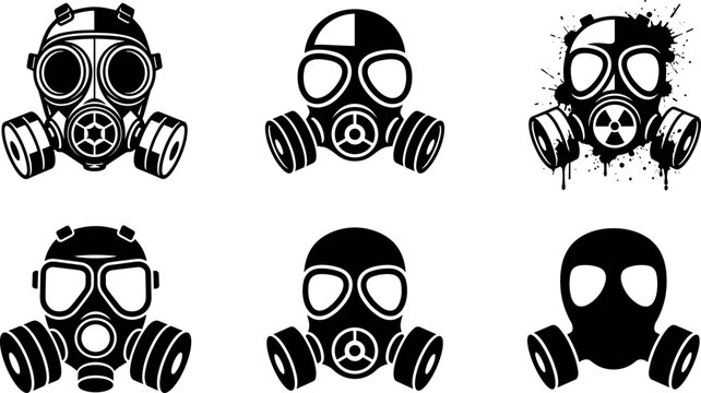 Stylized black and white gas mask vector icons with filters, radioactive symbols, and abstract designs for survival, danger, and protection branding
