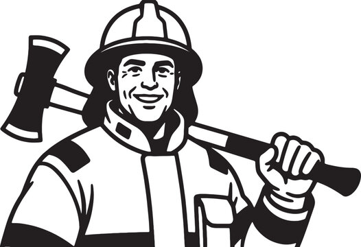 Smiling firefighter carrying axe line art graphic