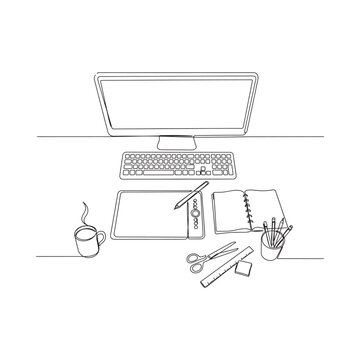 Desk setup with computer stationery and coffee in continuous line style