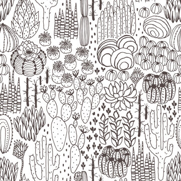 Floral seamless pattern with whimsy contouring cacti and succulents, hand-drawn doodle illustration for cute home textile, wallpaper or background.