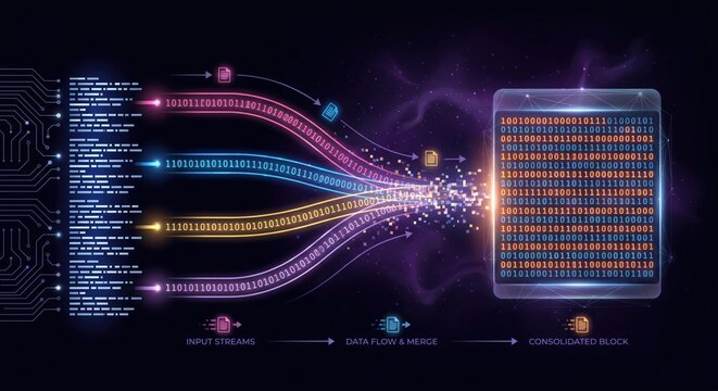 Colorful cybernetic circuit patterns and a binary code board against a dark background, featuring various electronic elements and interconnected lines representing advanced technology or AI