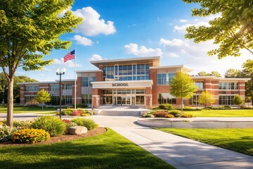 Fototapeta premium Modern school building with green campus landscape and american flag under bright blue sky view