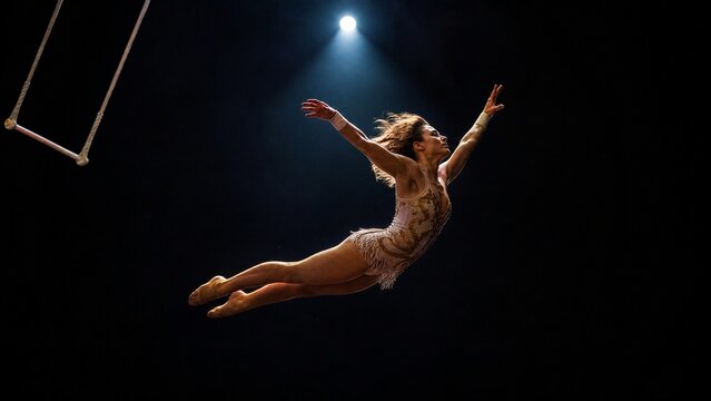A circus performer in mid-air, body extended after releasing a trapeze bar.