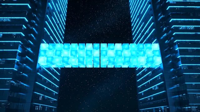 Digital Data Flow Between Futuristic Skyscrapers in a Cyber City at Night.