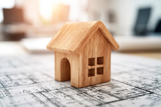 Wooden house model sitting on architectural blueprints