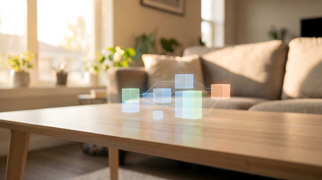 Holographic cubes connected by lines float above a wooden coffee table in a sunlit living room.