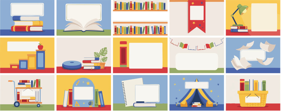 Library and literacy background templates featuring book stacks shelves reading tents backpacks and notebook stationery