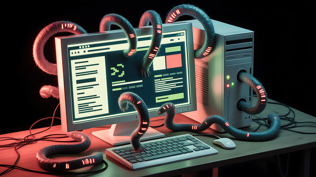 Image of a computer infected with a virus. The monitor screen displays a tile of an infected website from which computer worms emerge and infect the system. 
