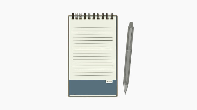 A simple illustration of a spiral bound notepad with lined pages and a pen on a white background