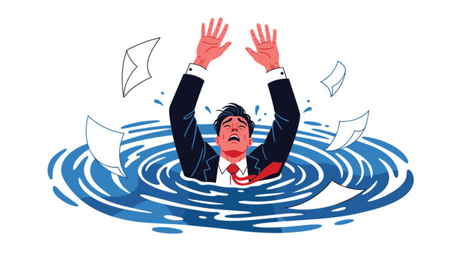 Stressed businessman is shown drowning in swirling water with several white envelopes and documents floating around him in the waves.