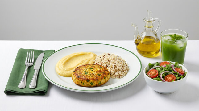 Grilled fish burger served with seven-grain rice, mashed cassava, fresh salad and green detox juice on a white table