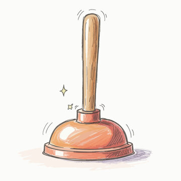 A hand drawn illustration of a wooden handled rubber toilet plunger.