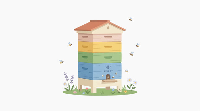 Charming apiary with colorful stacked beehives and flying bees surrounded by wildflowers and lavender on a white background