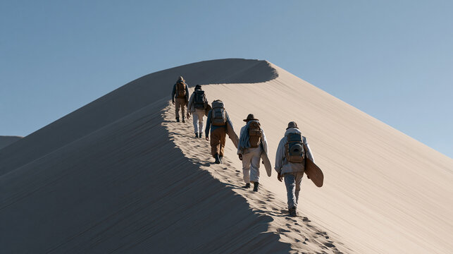 Desert sandboarding group hauling boards back up a towering dune after multiple runs, four individuals spaced up the steep sand face, no vegetation visible, empty erg landscape