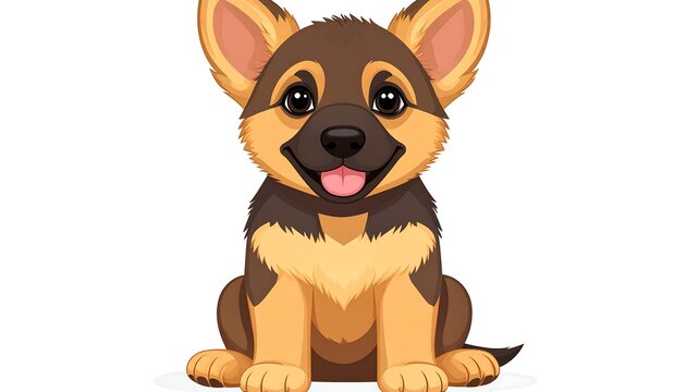 A cute cartoon puppy with brown and black fur sits on a white background