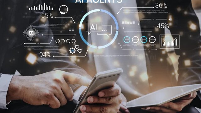 Hands of Business Professionals Analyzing Data on Smartphones with AI Agents and Graphical Data Representations. Entropy.