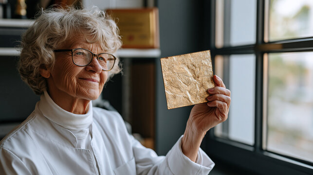 Elderly aerospace materials scientist holds carbon composite heat shield sample toward laboratory window light, testing scratches visible on material surface, retirement plaque