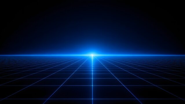 Minimalist blue digital horizon with a wireframe grid and a bright center light. Clean background for technology presentations, virtual reality, and internet data concepts.
