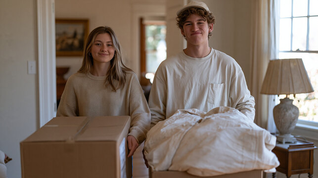 Two teenagers dragging overstuffed cardboard boxes from a storage room during spring cleaning, one grimacing at a dusty old lamp, hardwood floors cleared around them, afternoon