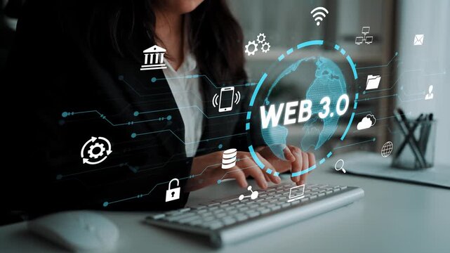 Professional Woman Engaging with Web 3.0 Technology Concepts and Digital Icons While Working at Desk with Keyboard and Modern Interface Elements. Entropy.