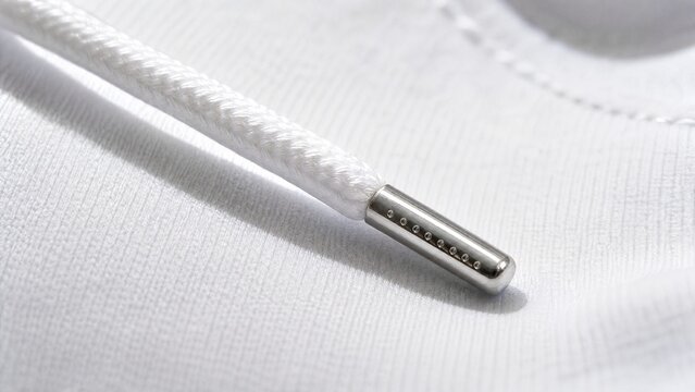 Close-up of white sneaker lace with metallic aglet on fabric.