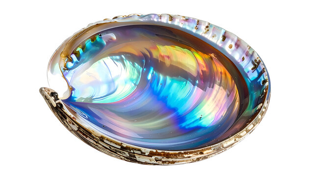 Iridescent abalone shell interior, shimmering mother of pearl surface, rainbow colors, ocean treasure, abstract natural pattern