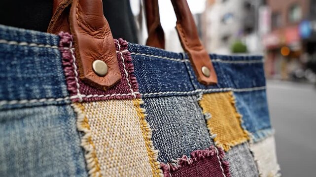 Handmade patchwork denim tote bag with leather handles on an urban street