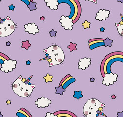 Cute unicorn cats with rainbows and stars on a lavender background seamless pattern © SA Graphic Desing