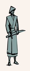 Obraz premium Vector drawing. The warrior is dressed in traditional Asian clothing