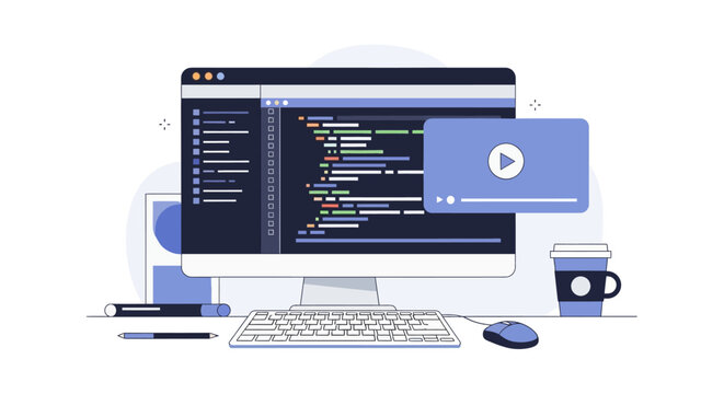 Software Development and Online Coding Tutorial Flat Vector Illustration with Computer, Code Editor, and Video Player