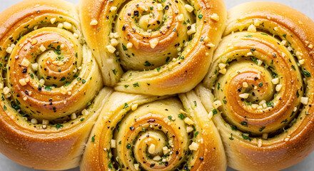 Fototapeta premium Golden spiral cheese and herb swirled bread rolls on white surface